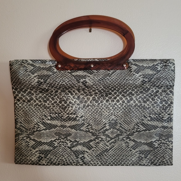 Vintage Handbags - Vintage Snakeskin Foldable Vinyl Tote/Shopper Bag Dual Top Handles